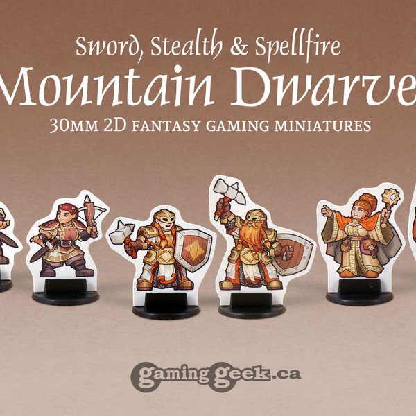 Mountain Dwarves Warrior, Spellcaster and Rogue 2D 30mm Fantasy Gaming Miniatures