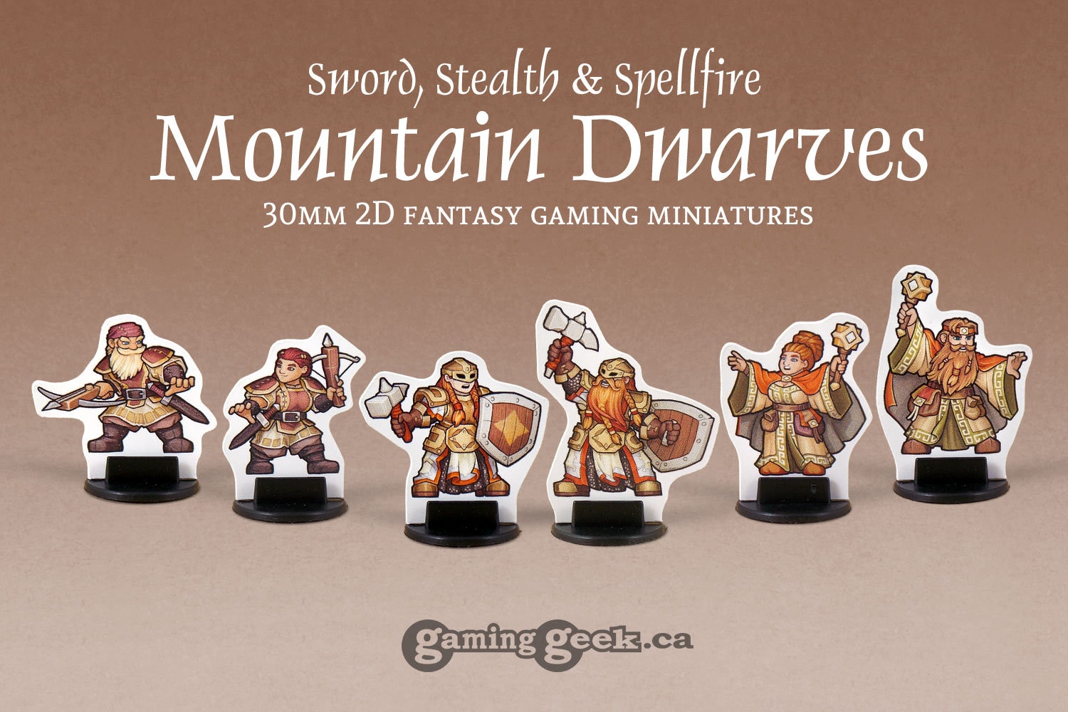 Mountain Dwarves Warrior, Spellcaster and Rogue 2D 30mm Fantasy Gaming Miniatures