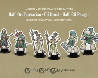 Gender-Variant Half-Orc Barbarian, Elf Druid & Half-Elf Ranger 30mm 2D Fantasy RPG Miniatures