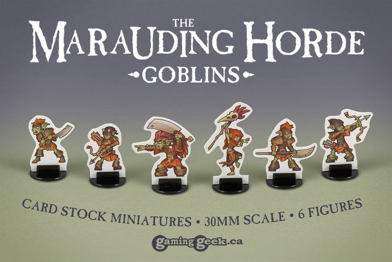 Six card stock goblin miniatures including a goblin boss, a witch, two goblin archers and two goblins melee fighters.