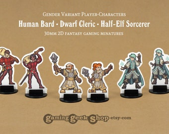 Gender-Variant Human Bard, Dwarf Cleric & Half-Elf-Sorcerer 30mm 2D Fantasy RPG Miniatures