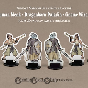 Gender-Variant Dragonborn Paladin, Gnome Wizard & Human Monk 30mm 2D Fantasy RPG Miniatures image 1