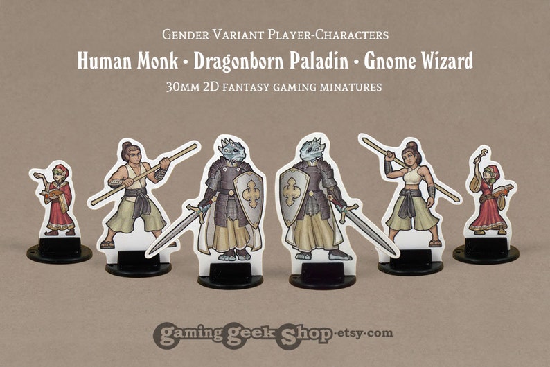 Variante de genre Dragonborn Paladin, Gnome Wizard & Human Monk 30mm 2D Fantasy RPG Miniatures image 1