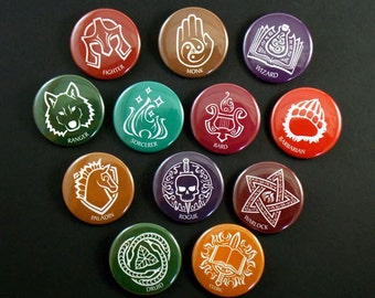 Set of 12 Fantasy Roleplaying RPG Class Symbol Buttons, White on Colour BG