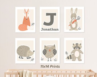 Set of 6 Woodland Animals Art Prints. 11x14 Nursery Decor. Personalized Baby Name & Initial + Forest bunny fox raccoon hedgehog owl