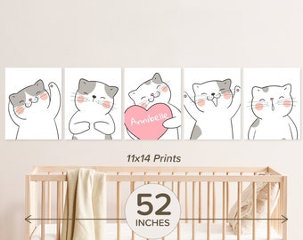 Set of 5 Cat Nursery Prints. 11x14. Cute Decor. Personalized Cat Prints for Kids Room.