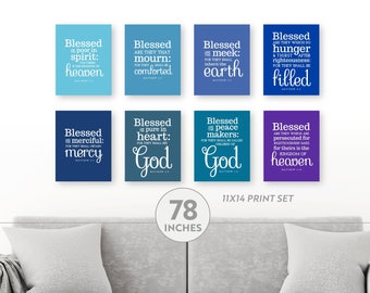 Beatitudes Prints Set of 8: 11X14s. Blue. Christian Bible Verse Gift. Catholic Wall Art. Blessed Be Matthew 5 Scripture. Sermon on the Mount