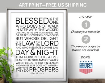 PSALM 1:1-3 Print. "Blessed is the one..." "...Like a tree planted" Christian art. Bible Verse Wall Sign. FREE US Shipping. Scripture