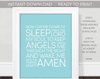 Now I Lay Me Down To Sleep. Printable 8x10. Bedtime Prayer Nursery. 2 versions x 3 colors x JPEG & PDF. End: wake me with the morning light.