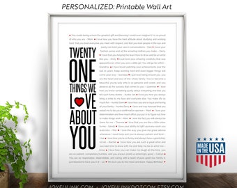 21 THINGS We Love About You. PRINTABLE Personalized 21st Birthday gifts for her or him.  Meaningful gift for daughter, son, best friend