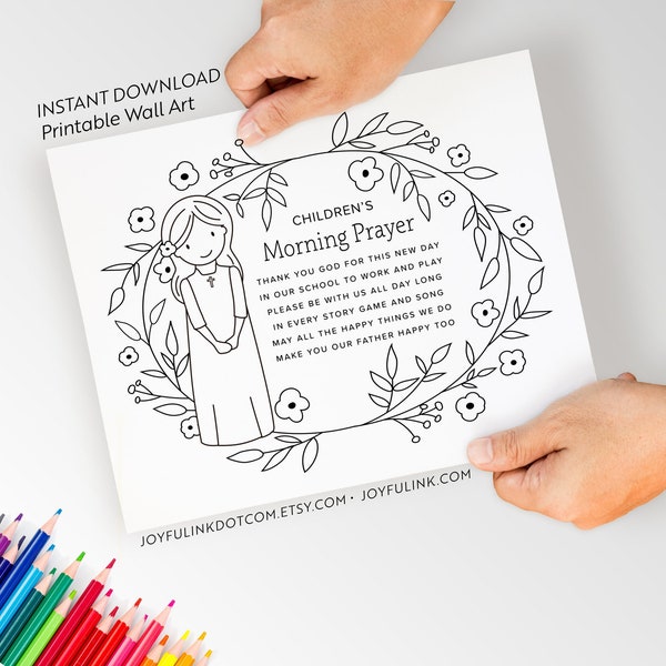 Coloring Pages for Girls Printables. Christian Catholic Kids Morning Prayer. Gifts for Back to School. Daughter Granddaughter Godchild