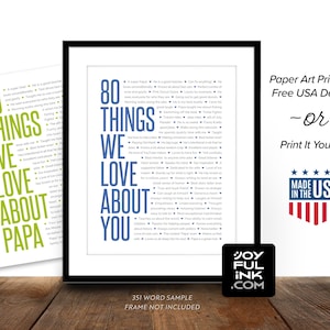 80 Things We Love About You. Meaningful 80th birthday gift for Dad Mom or Grandparents. Personalized for any age 40 50 60 65 75 100th