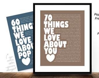 70th birthday gift: 70 Things We Love About You. Digital OR Paper Print. Masculine style for manly men. Dad Grandpa Husband. Personalized.