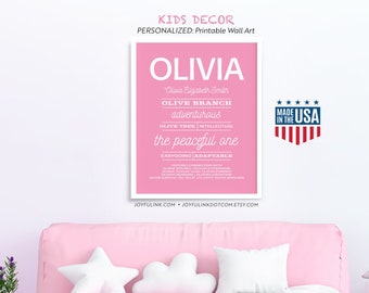 OLIVIA. Printable name sign for nursery, girls teenagers or adults. Personalized wall art. Historical meaning of Christian name / first name