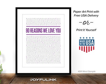 Personalized 90th Birthday Gift for Dad or Mom: 90 Reasons We Love You. Printed or Digital. Prepared with your choice of age color name size