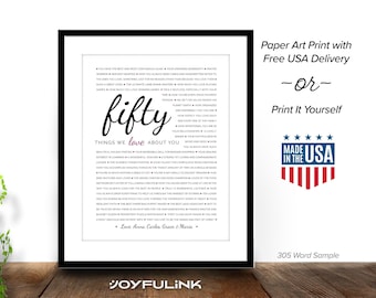 50 THINGS We Love About You. Paper Print (US Ships Free) or Digital JPEG. Wife or Husband's 50th Birthday Gift. Celebration for Sister Bff