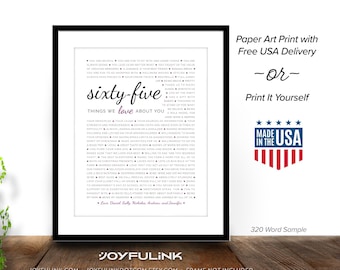 Personalized 65th Birthday Gift for women or men. 65 Things We Love About You. Paper Print (US Ships Free) or Digital JPEG. Wife Sister BFF