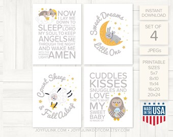 Baby Nursery Decor digital download. Set of 4 digital prints. Printable woodland bunny art, bear, bird, lamb. With Bedtime Prayer. Sleep.