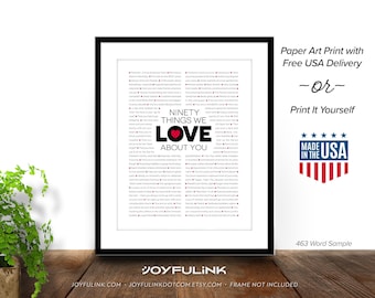 90th birthday gift for Grandma or Grandpa. 90 Things We Love About You. Paper Print -OR- Digital. Personalized for any age 21 30 40 50 60 80