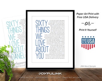 60 Things We Love About You. Personalized 60th Birthday Gift for Men: Husband Dad Grandpa Boyfriend. Choose Digital or Paper Print.