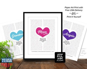 Unique gift for women who have everything 65 or 60 Things We Love About You. Paper Print (US Ships Free) or Digital. Personalize to any age