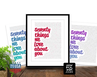 70 We Love About You. Personalized 70th Birthday Gift for Mom Dad Wife. Any number 40, 50, 60, 80, 30 Reasons We Love You