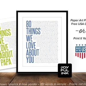 May include: A framed art print with the text "80 THINGS WE LOVE ABOUT YOU" in blue. The print is displayed on a wooden surface. The text "Paper Art Print with Free USA Delivery" is also visible.