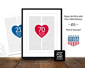 70 Reasons We Love You. 70th birthday ideas for Mom / Dad, Husband, Grandma / Grandpa. Art Print or Digital PRINTABLE files