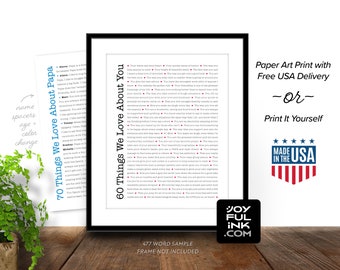 Minimalist 70th Birthday gift. 70 Things We Love About You. For him or her, dad, husband grandpa Paper Print (US Ships Free) or Digital JPEG