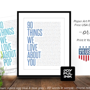 90 Things We Love About You. Meaningful 90th birthday gift for Grandpa Grandma, Dad Mom, brother. Personalized. Any age 40 50 60 65 75 100th