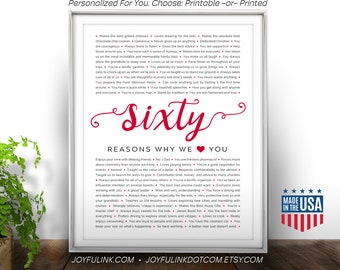 60 Reasons We Love You. Personalized 60th Birthday Gift for husband, wife, dad, mom, best friend. Choose: Paper Print or Digital Download