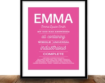 EMMA name sign. Personalized art print for nursery, toddlers, girls, teens. Historical meaning. Related Christian names from around world.