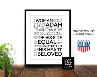 Matthew Henry Quote Print with Free US Shipping. (God Adam Eve) "woman was made of a rib out of..." Bible in a Year. Catholic Christian Art.