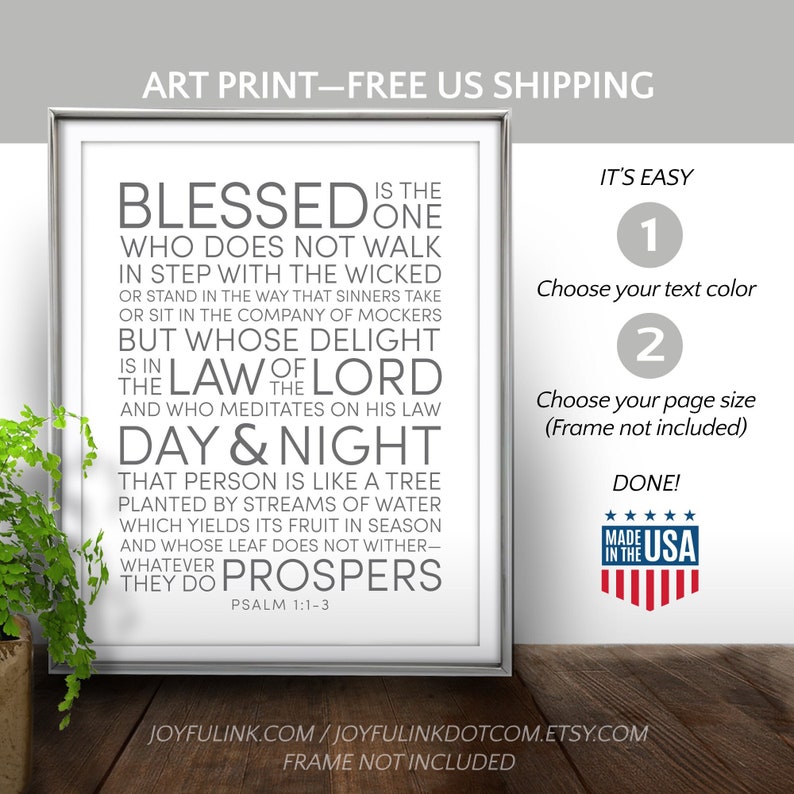 PSALM 1:1-3 Print. Blessed is the one... ...Like a tree planted Christian art. Bible Verse Wall Sign. FREE US Shipping. Scripture image 2