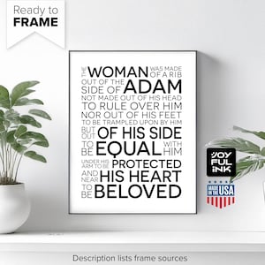 Matthew Henry Quote Print with Free US Shipping. (God Adam Eve) &quot;woman was made of a rib out of...&quot; Bible in a Year. Catholic Christian Art.