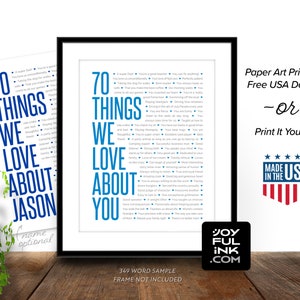 May include: A framed print with the text "70 THINGS WE LOVE ABOUT YOU" in blue. The print includes a list of 70 reasons, with the option to personalize the name. The print is available with free USA delivery.
