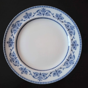 May include: A white ceramic plate with a blue and white floral pattern around the rim.