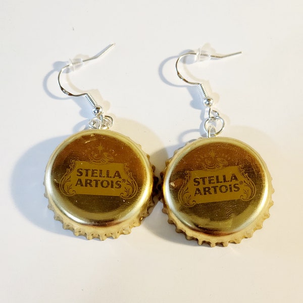 Stella Artois bottle cap dangle earrings