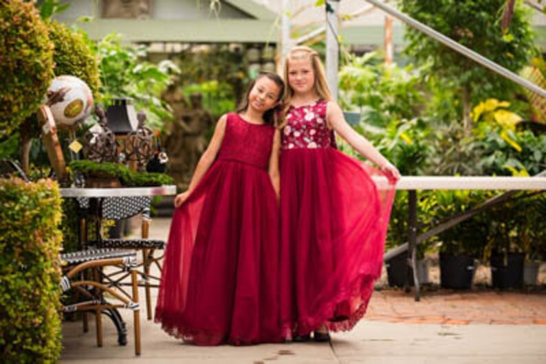 Lucinda Red Rose Floral Bow Tank Sleeve Ankle Floor Length Flower Girl Wedding Communion Dress Gown