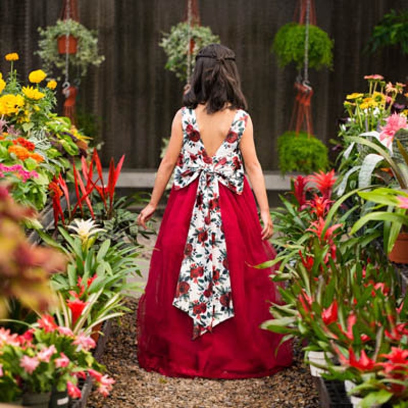 Lucinda Red Rose Floral Bow Tank Sleeve Ankle Floor Length Flower Girl Wedding Communion Dress Gown