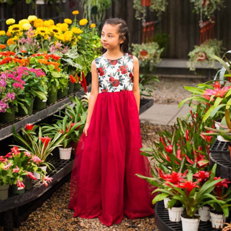 Lucinda Red Rose Floral Bow Tank Sleeve Ankle Floor Length Flower Girl Wedding Communion Dress Gown