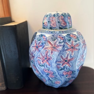 Large Vintage Ginger Jar, Ginger Jar with Lid, Ginger Jar from China, Blue and Pink Chinoiserie Ginger Jar, Tall Ceramic Urn