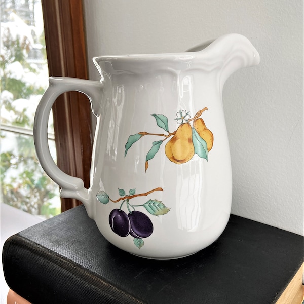 Ceramic One Quart Pitcher, Fruit & Floral Design Pitcher, Strawberry Decor, Lemonade Pitcher, Juice, Milk, Water Pitcher