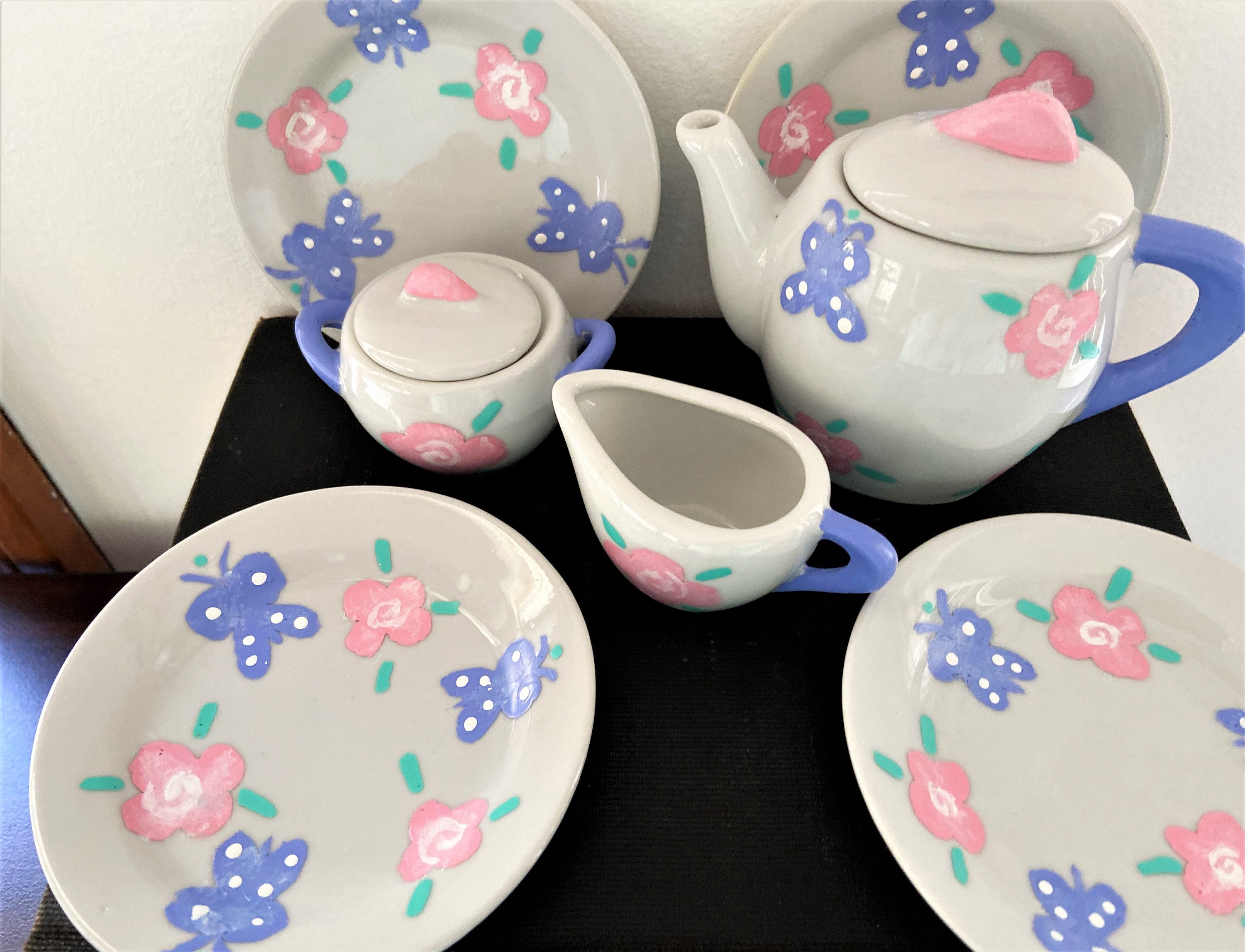 Children's Tea Set 17 Piece Ceramic Hand Painted Tea Set Etsy
