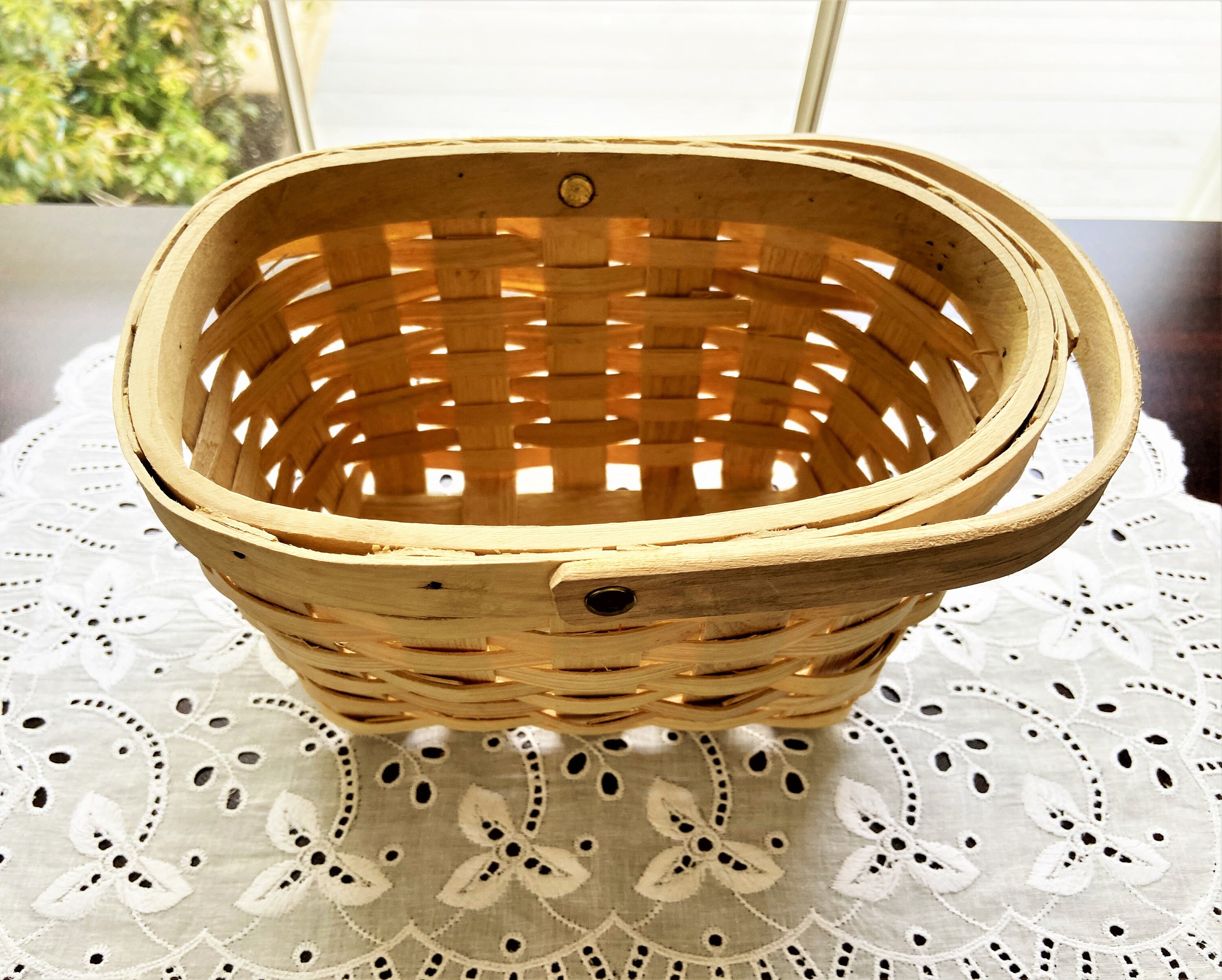 Woven Natural Wood Slat Basket with Movable Handle Etsy