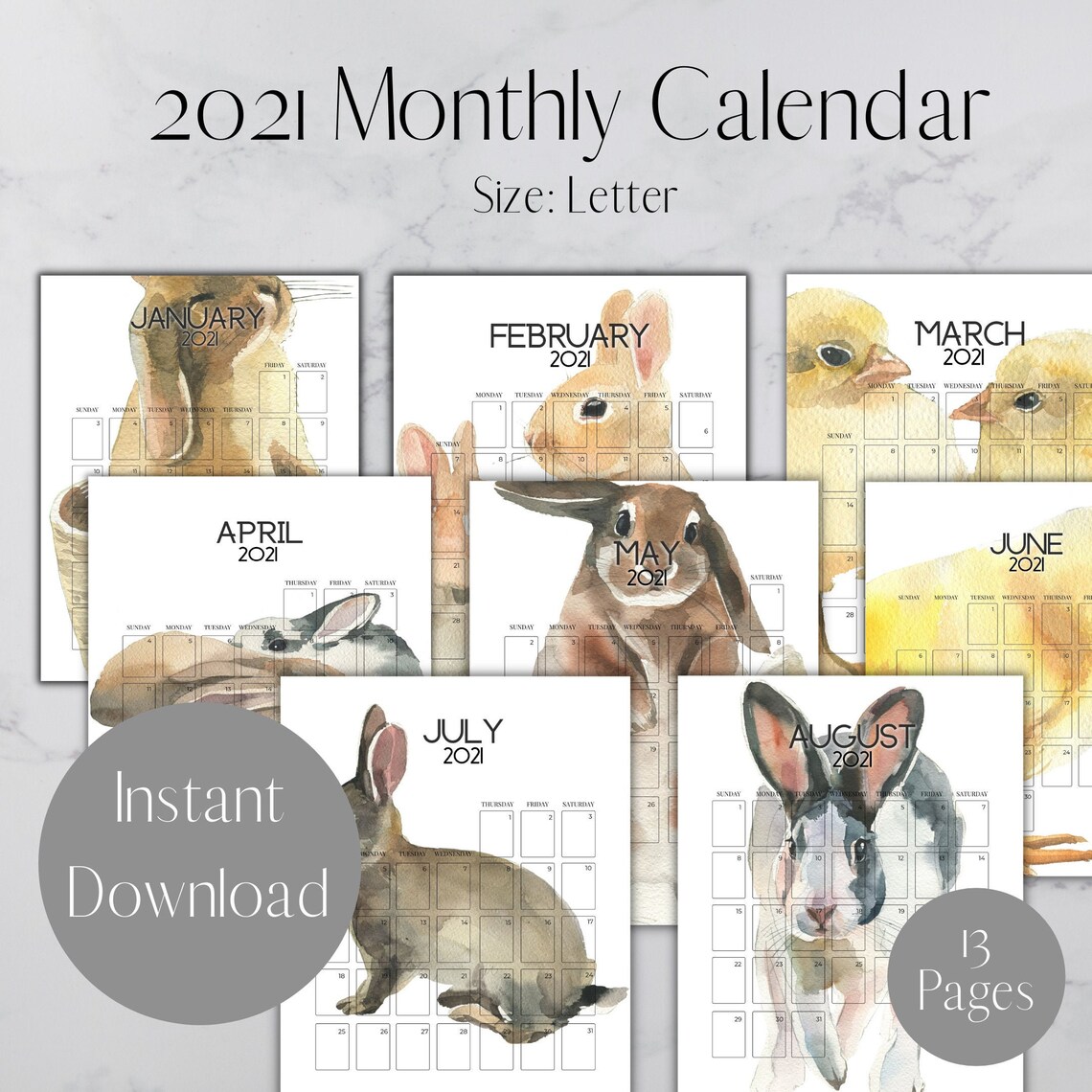 2021 Bunny Calendar Printable Rabbit Monthly Calendar Desk Etsy