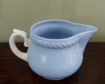 Vintage 1937-1950s Homer Laughlin Kraft Blue Cream Pitcher, Milk Jug, USA, Rope Trim, White Handle