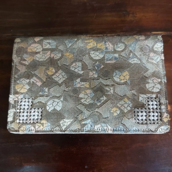 Vintage 1940s, Art Deco Metallic And Silk Weave Wallet, Rhinestones And Faux Pearl Decorations, Original Pocket Mirror & Change Purse Inside