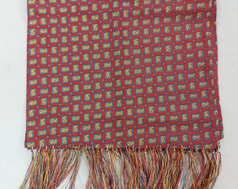 Vintage 1950s-1960s Men's Rayon Scarf, Red, Yellow Paisley In A Blue Rectangle Design and Tassels, No Label