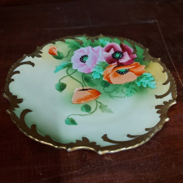 Vintage Old Royal Hand Painted Porcelain Plate, Poppy Floral Imagery, Bavaria, Munich, Germany, Signed Rouvier, Gold Trim